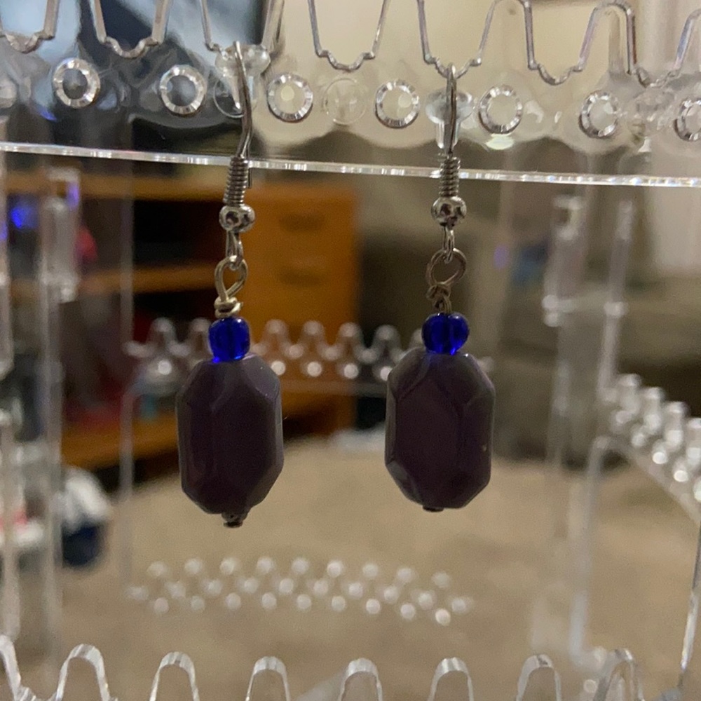 Purple plastic and glass beads earrings